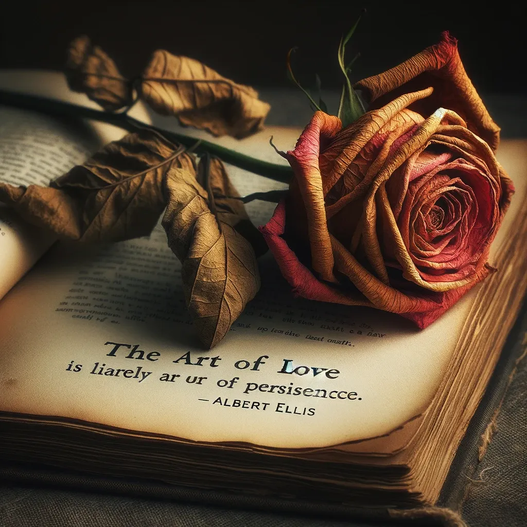 A withered rose lies atop an open book, symbolizing the enduring beauty of love and the timeless wisdom in the words of Albert Ellis on the art of persistence.