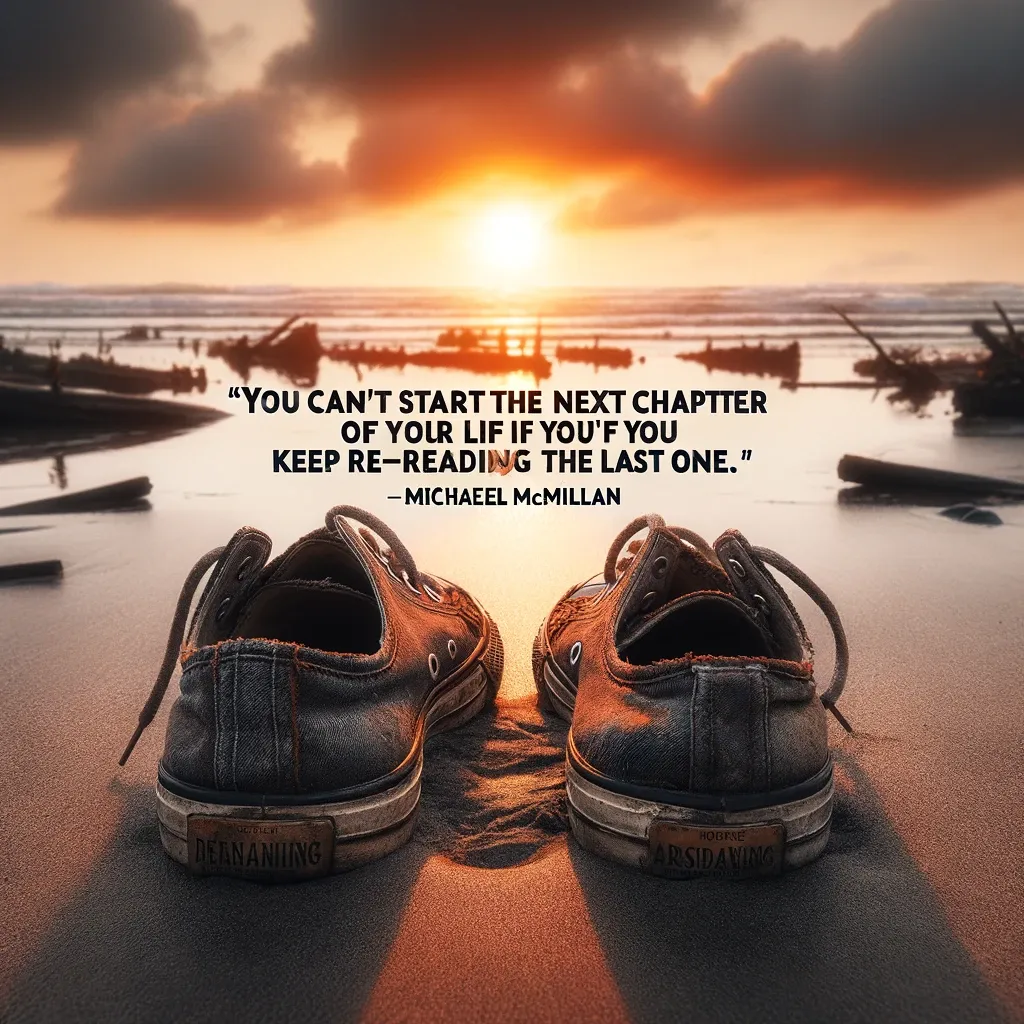A pair of worn shoes on a beach at sunset, representing a metaphor from Michael McMillan on moving forward in life rather than dwelling on the past.