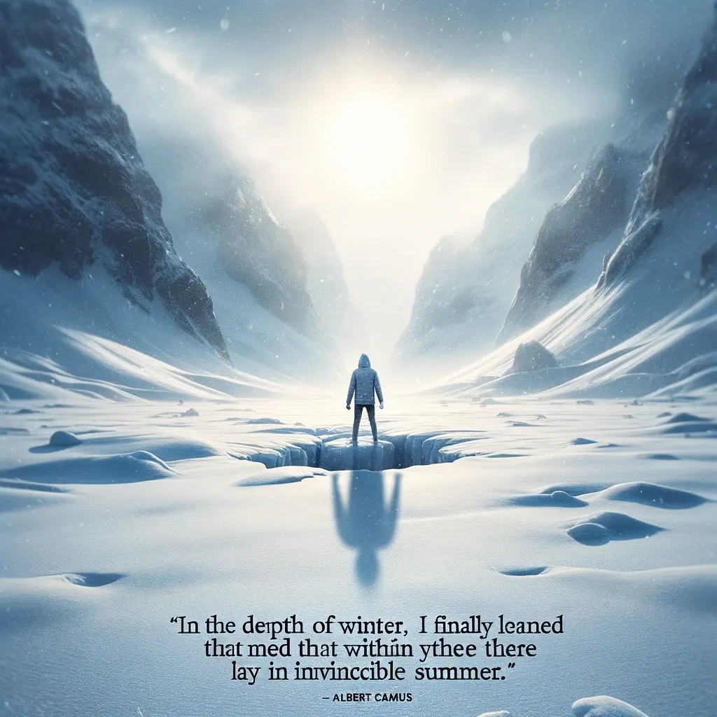 A lone figure stands in a snowy valley between towering cliffs, gazing at a bright sun, with the inspirational quote by Albert Camus about finding inner strength during tough times.