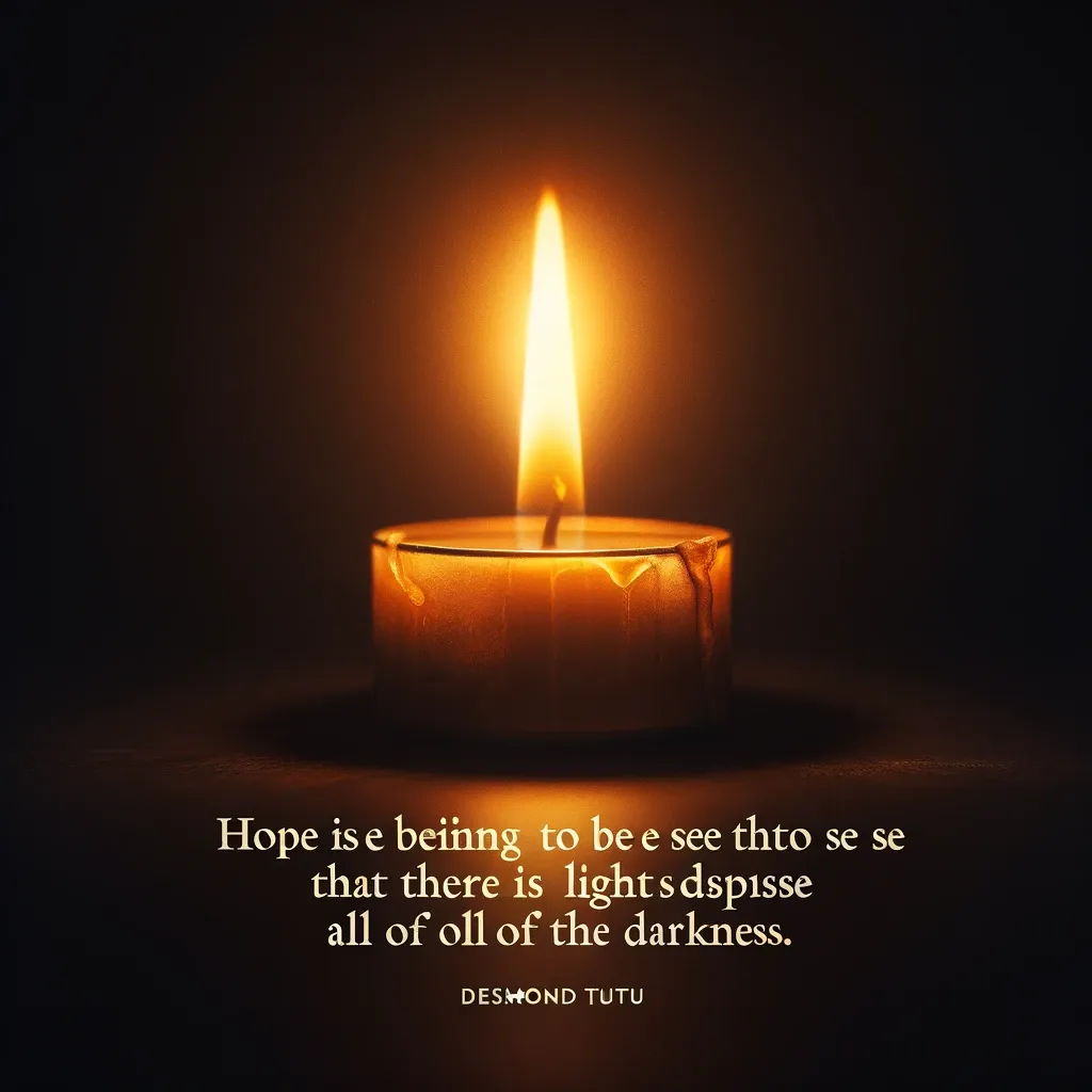 A lone candle burns brightly in the dark, symbolizing hope and resilience as articulated by Desmond Tutu, illuminating the darkness around it.