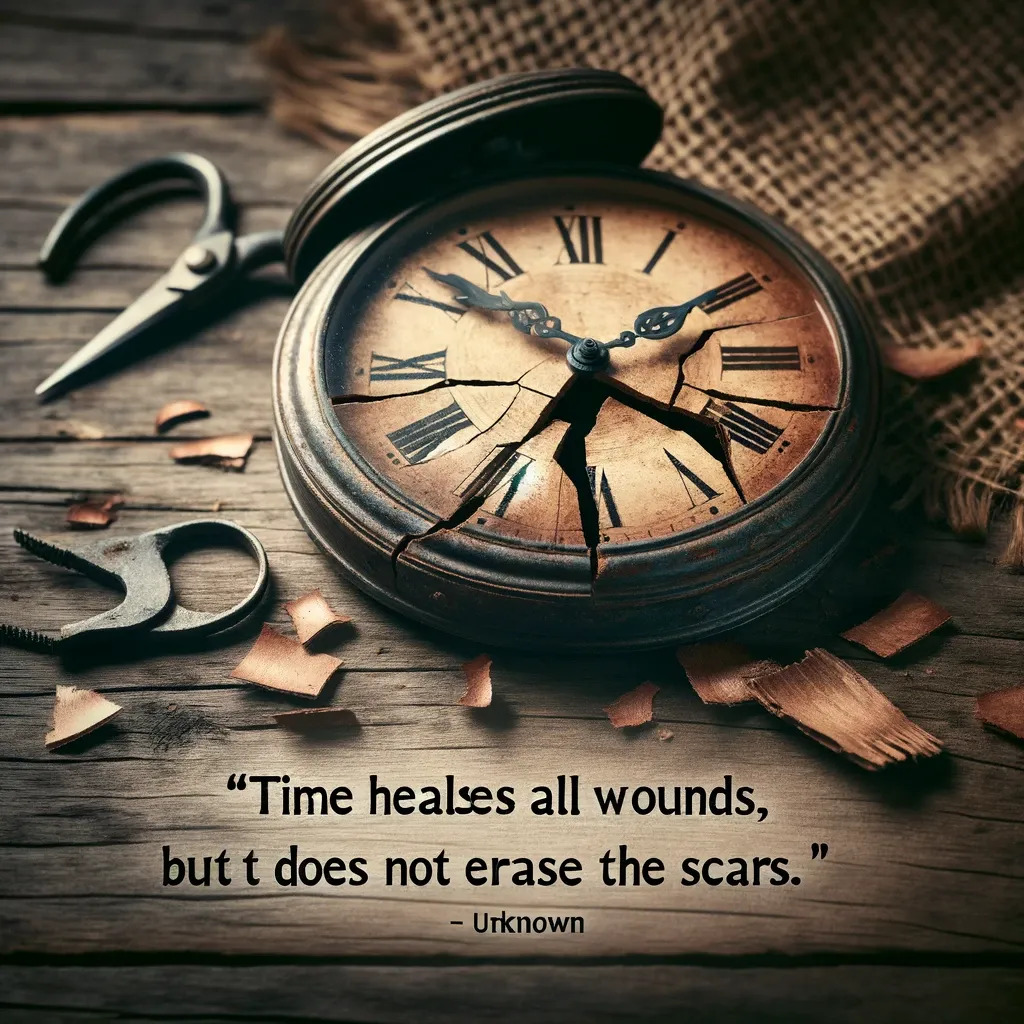 An antique pocket watch with a cracked face lies next to scissors on a wooden surface, embodying the quote about time's healing yet scar-retaining nature.