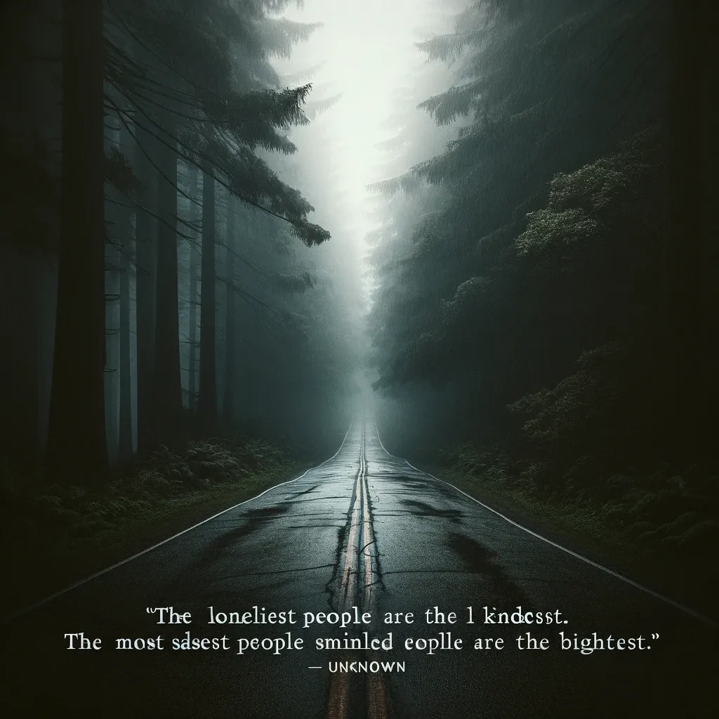 A foggy road stretches through a dense forest, embodying a profound statement on loneliness and the depth of human emotions.