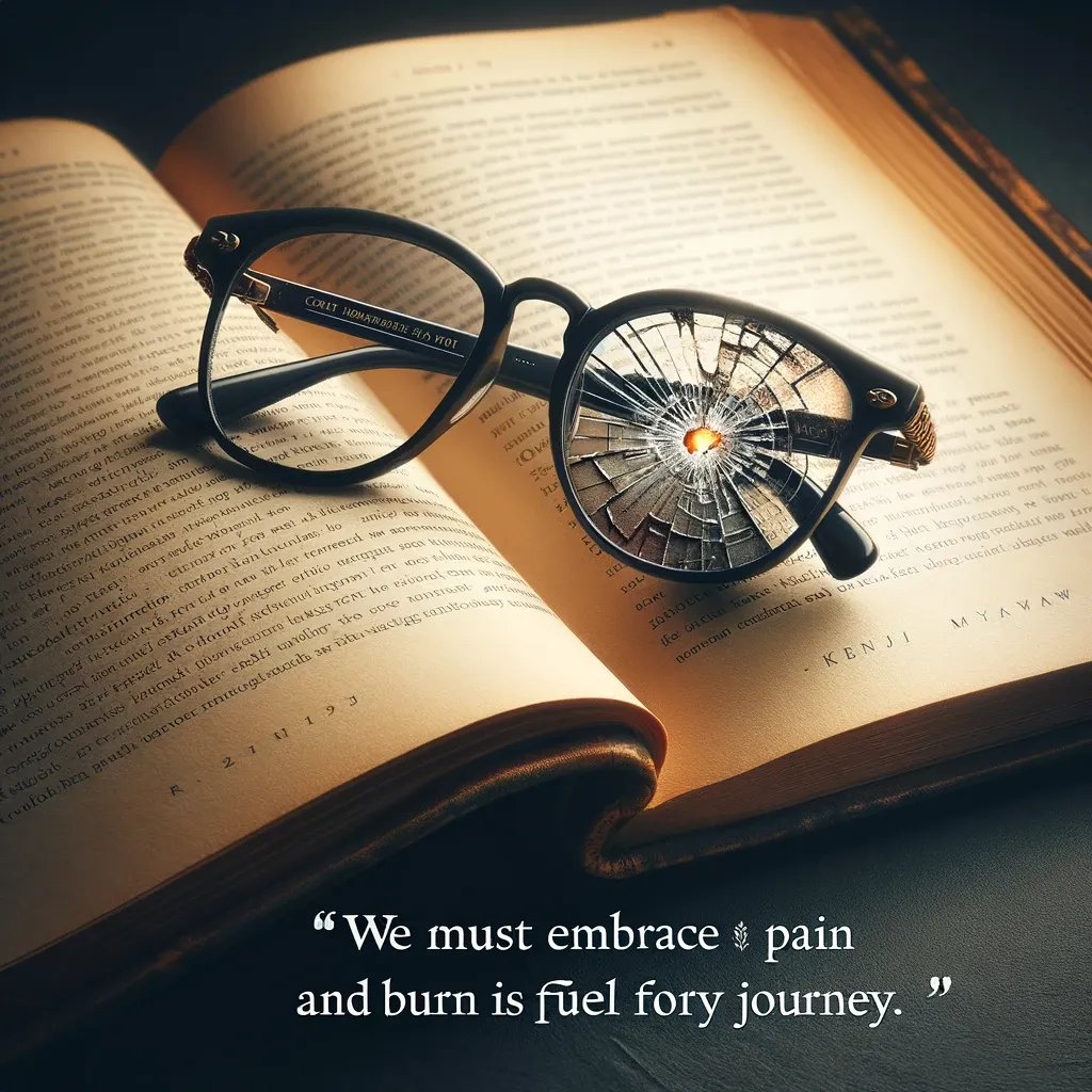 A pair of eyeglasses with one lens revealing a fiery core rests on an open book, symbolizing the transformative power of embracing challenges, as the quote suggests.