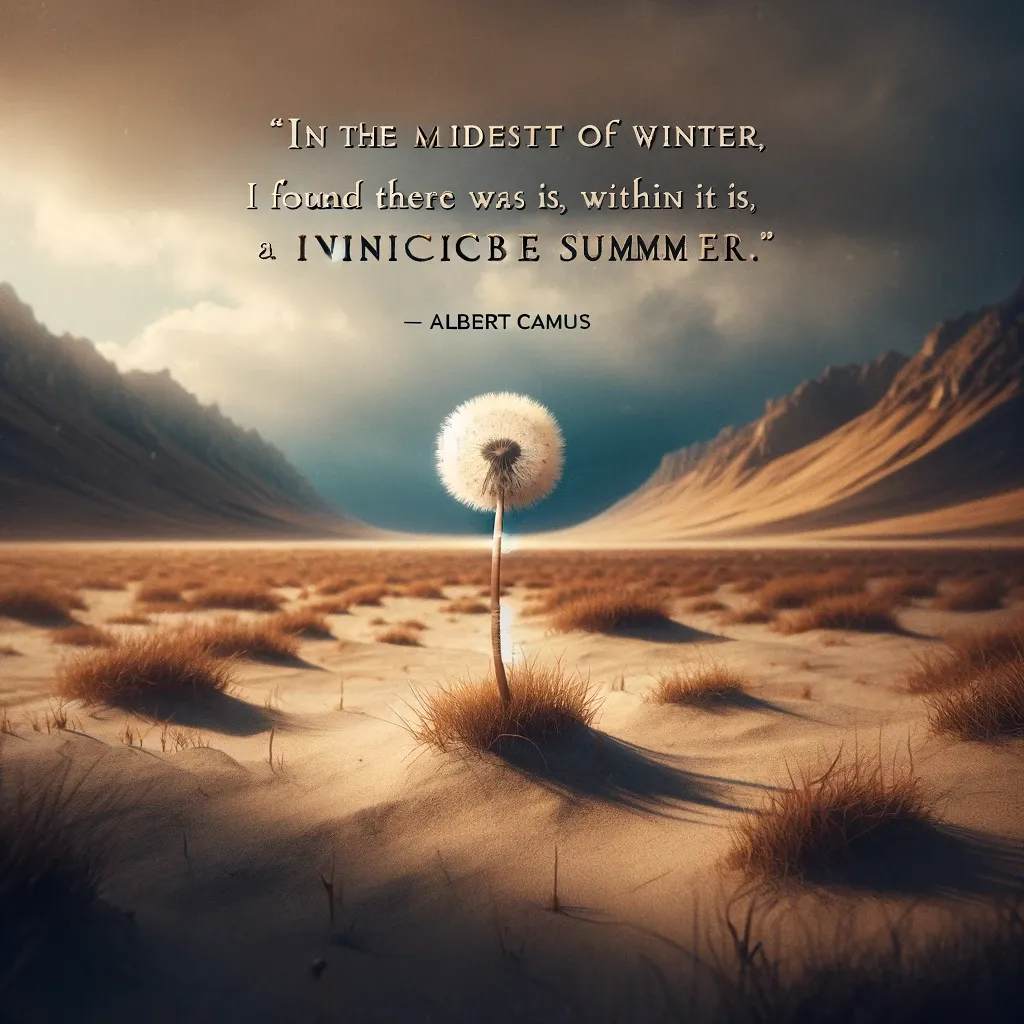 A single dandelion stands resilient in a desert landscape, symbolizing Camus's philosophical quote on finding inner strength during harsh winters.
