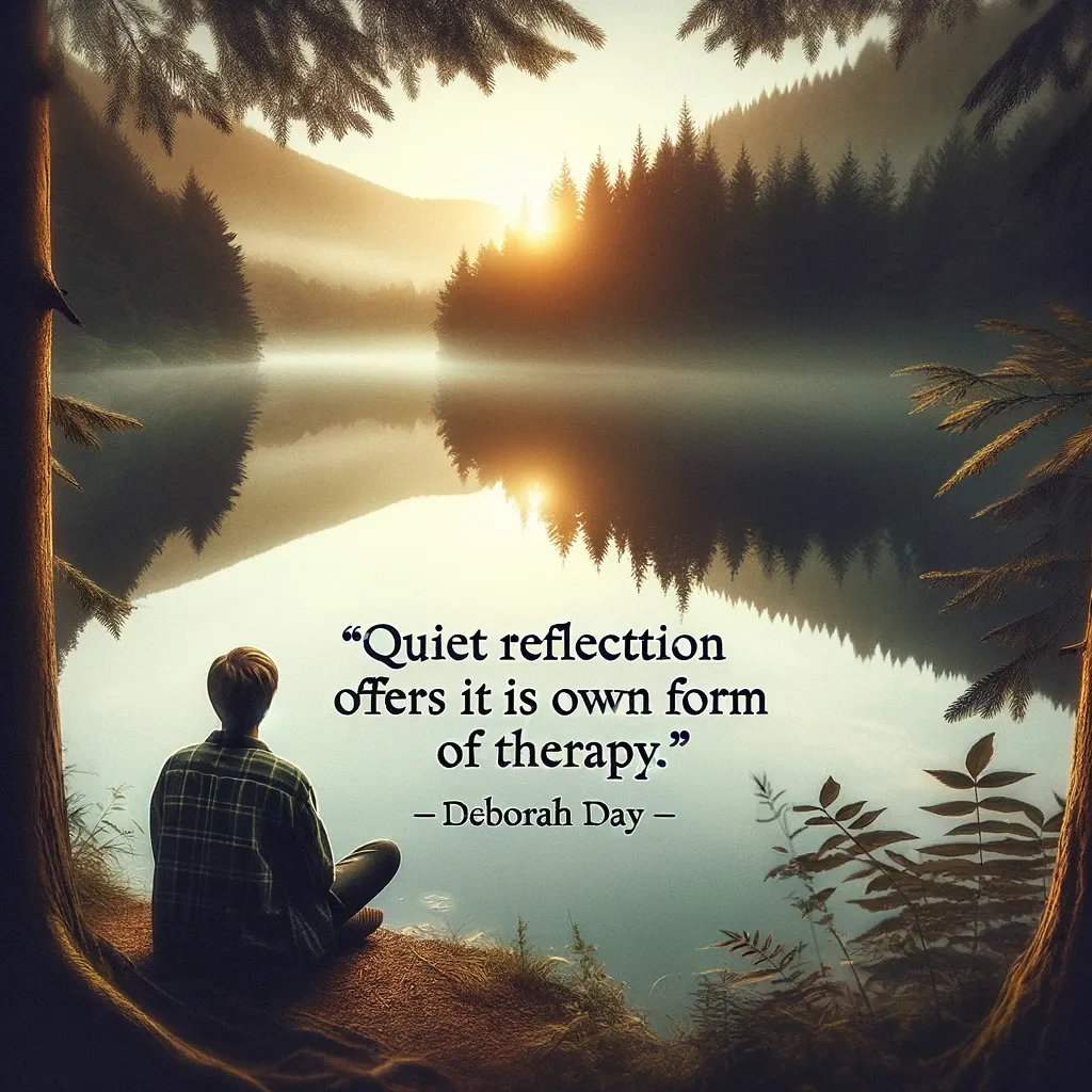 A person sits in peaceful solitude at the edge of a tranquil lake, surrounded by dense forest at sunrise, contemplating a quote on quiet reflection by Deborah Day.