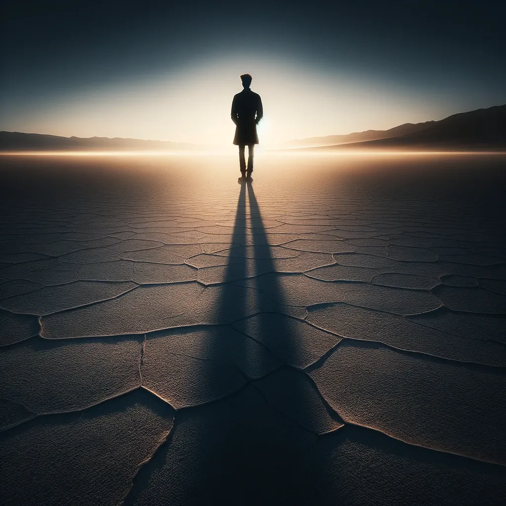 A lone figure stands upon an expansive cracked desert, the ground etched with nature's patterns, as the dawn or dusk light casts a long shadow, invoking a moment of solitude and contemplation.