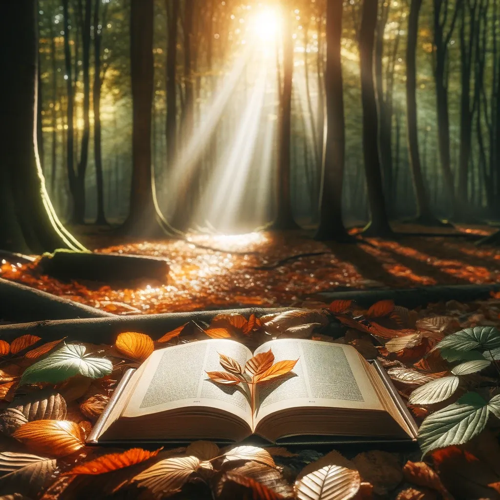 An open book bathed in a serene beam of sunlight amidst a forest floor blanketed with autumn leaves, creating an inviting and tranquil reading nook in nature.