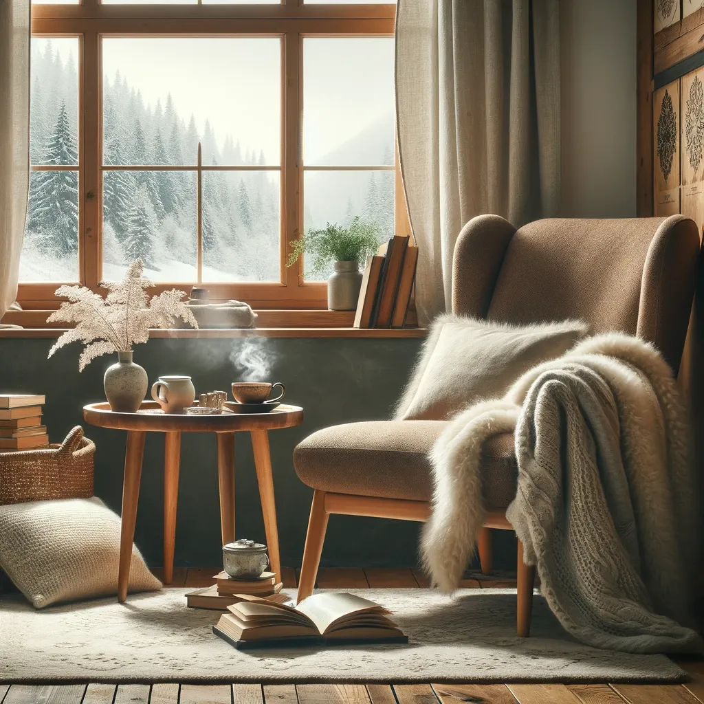 A warm and inviting reading nook with an overstuffed armchair and a view of a serene, snow-covered landscape through a large window, creating the perfect atmosphere for a winter reading retreat.
