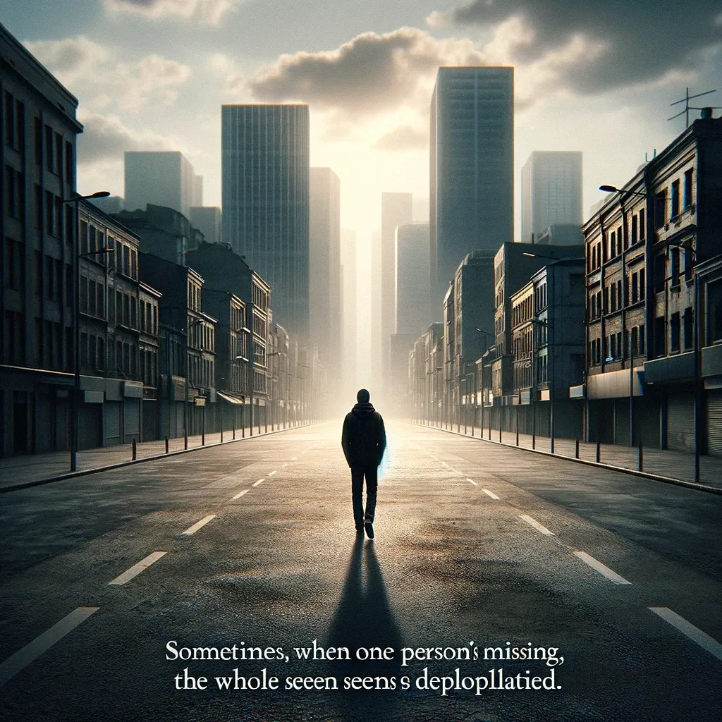 A solitary figure walks down an empty city street with skyscrapers lining the horizon, reflecting the profound emptiness conveyed by the quote about the absence of a person.