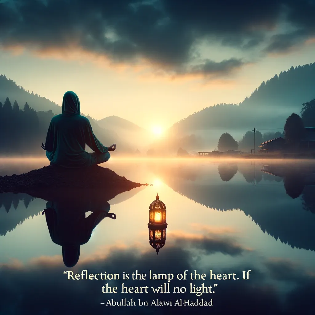 A person meditates by a calm lake at sunrise, with a lantern beside them, illustrating the quote on reflection being the heart's lamp.