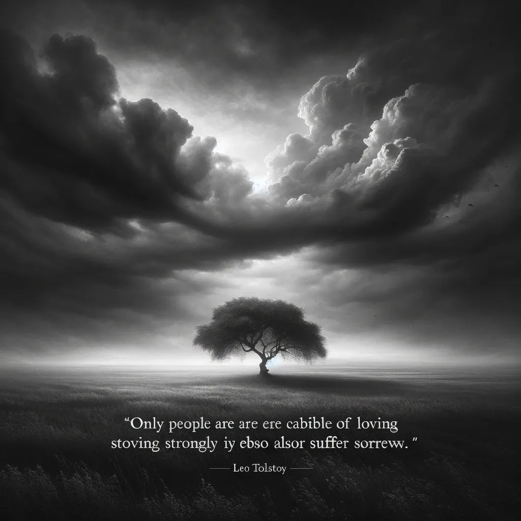 A solitary tree stands resilient under a dramatic sky, symbolizing the depth of emotion in the quote about love and sorrow attributed to Leo Tolstoy.