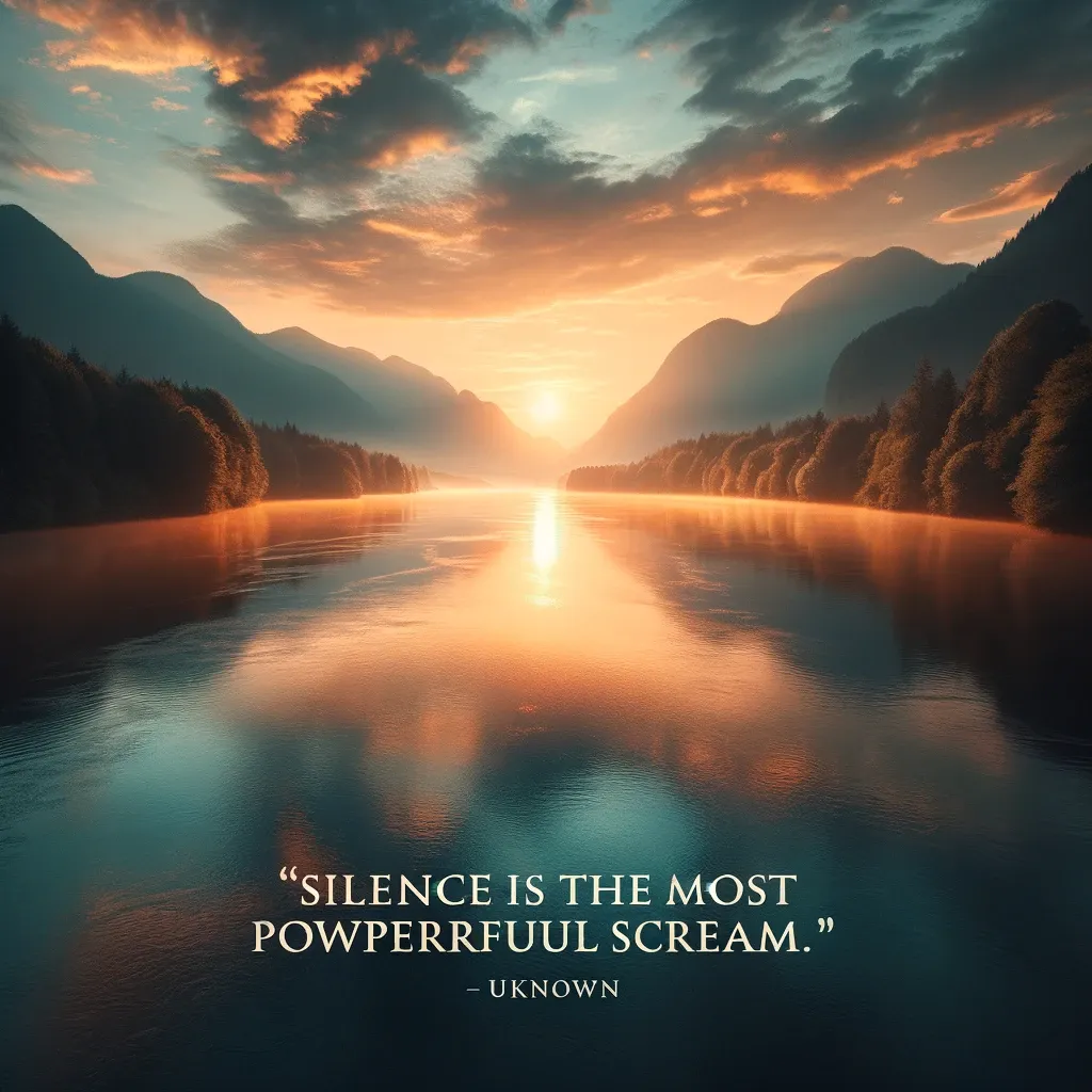 The calmness of dawn on a river, with the reflection of the sun on the water illustrating the intense power of silence as an expressive force, as suggested by the quote.