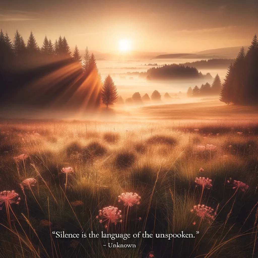 A meadow illuminated by the golden light of the rising sun, with delicate flowers and a hushed atmosphere that speaks to the silent communication of the natural world.
