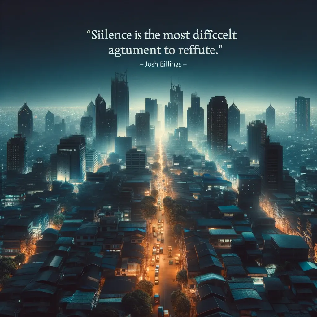 A bustling city at night, lights aglow, with the contrasting idea that in the midst of noise, silence can be a compelling force, as expressed by Josh Billings.