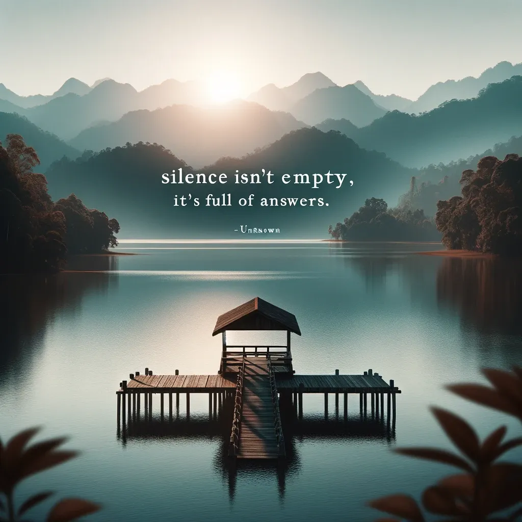 Peaceful dawn over a still lake and a solitary jetty, paired with a thought-provoking quote on the depth of silence.