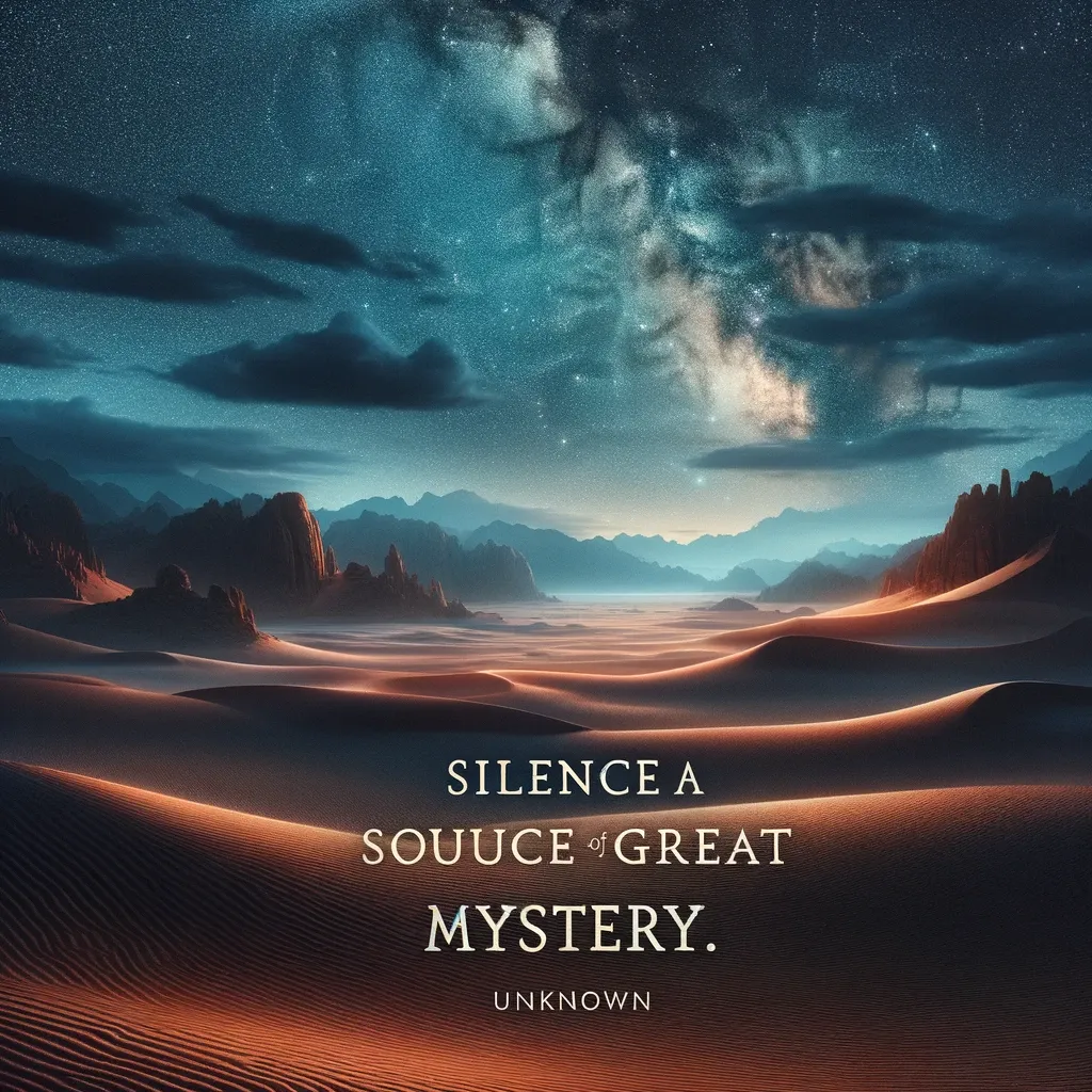 Desert dunes under a starry sky, invoking the silence and mystery of the universe, accompanied by an enigmatic quote.