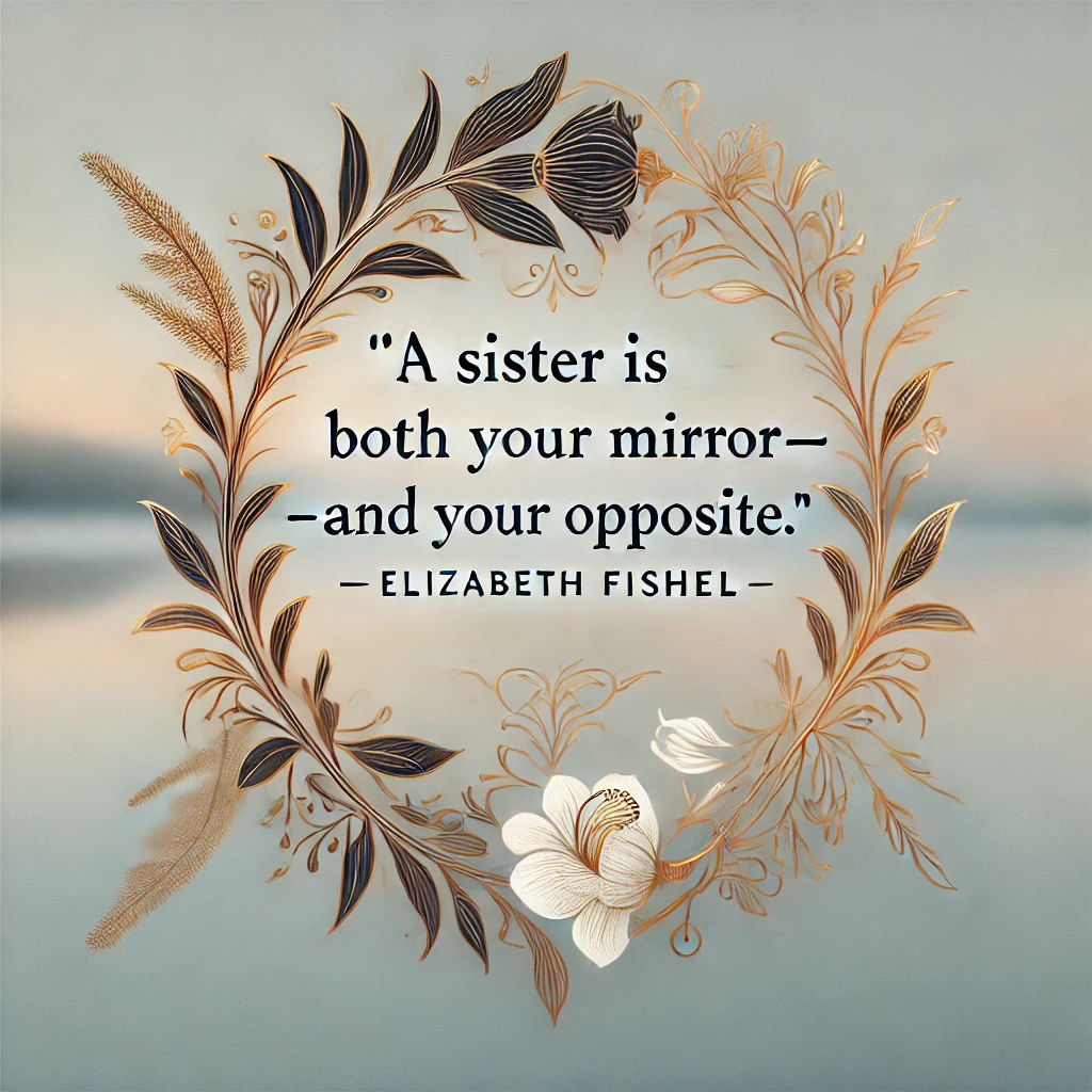 Floral wreath with the quote 'A sister is both your mirror and your opposite.'