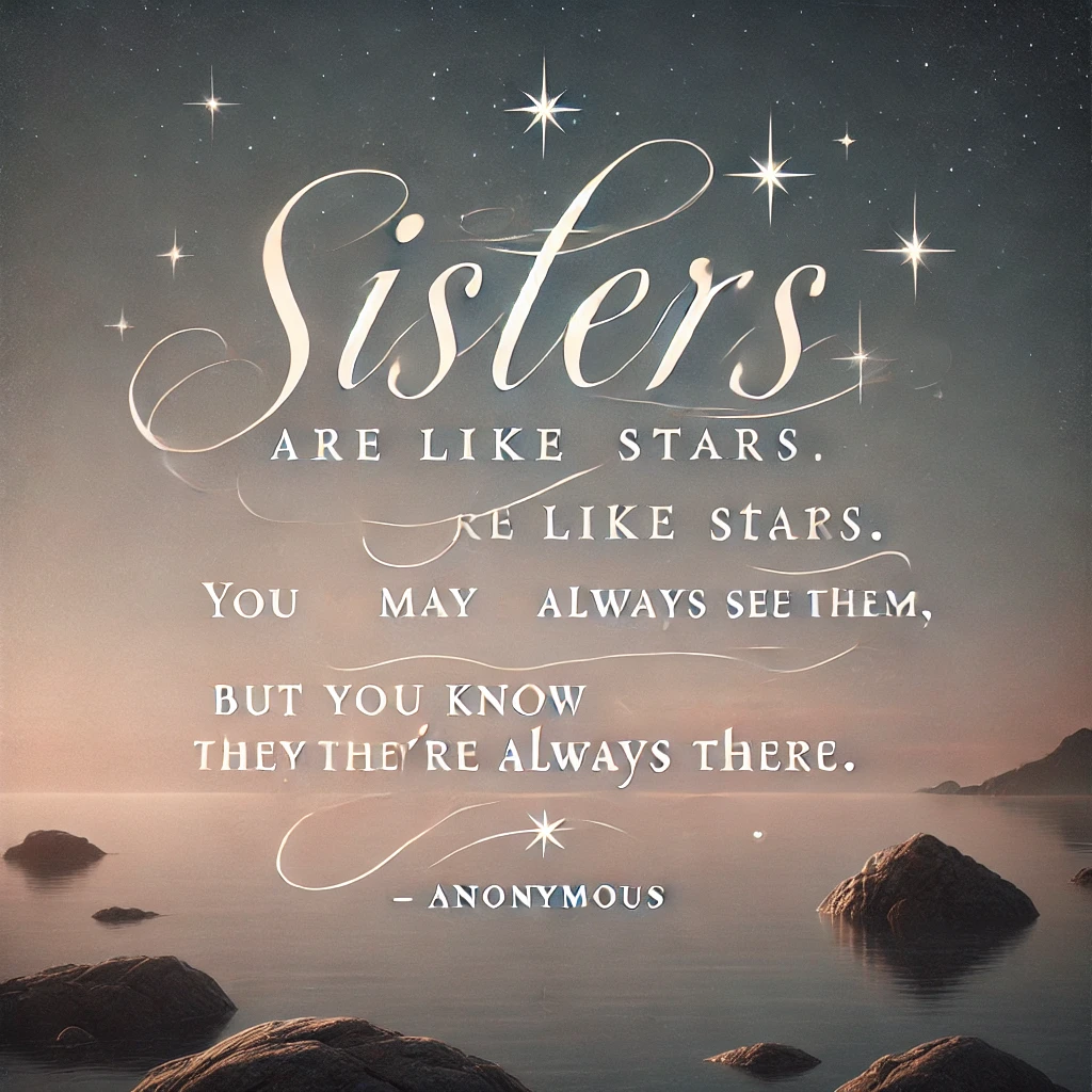 Night sky with stars and the quote 'Sisters are like stars. You may not always see them, but you know they’re always there.'