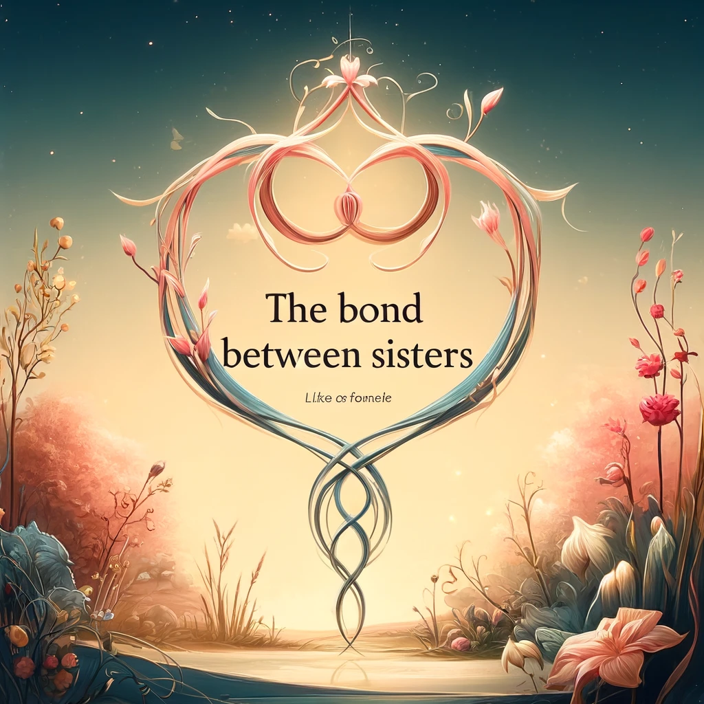 Artistic design with intertwined hearts and the quote 'The bond between sisters'