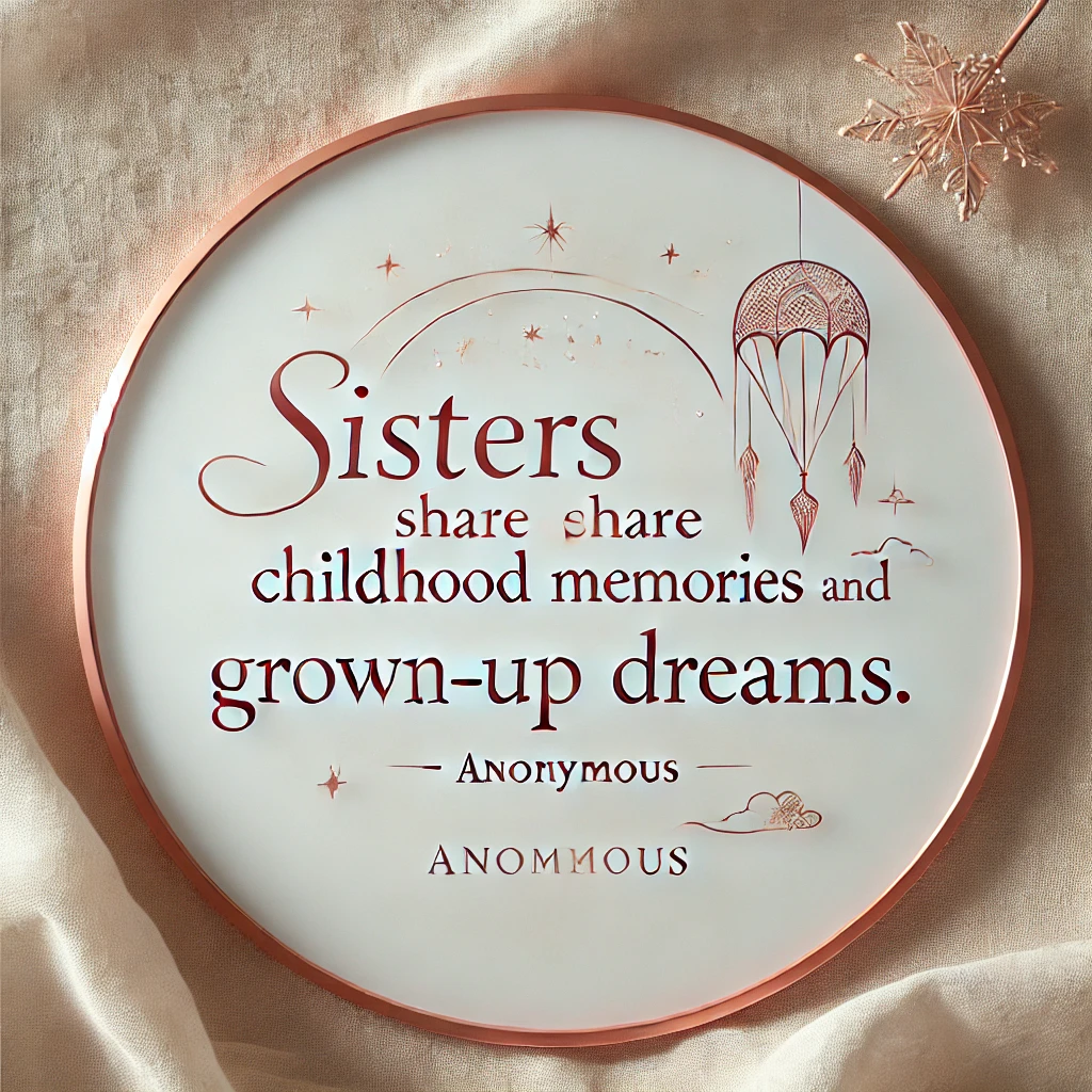 Elegant round plaque with the quote 'Sisters share childhood memories and grown-up dreams.'