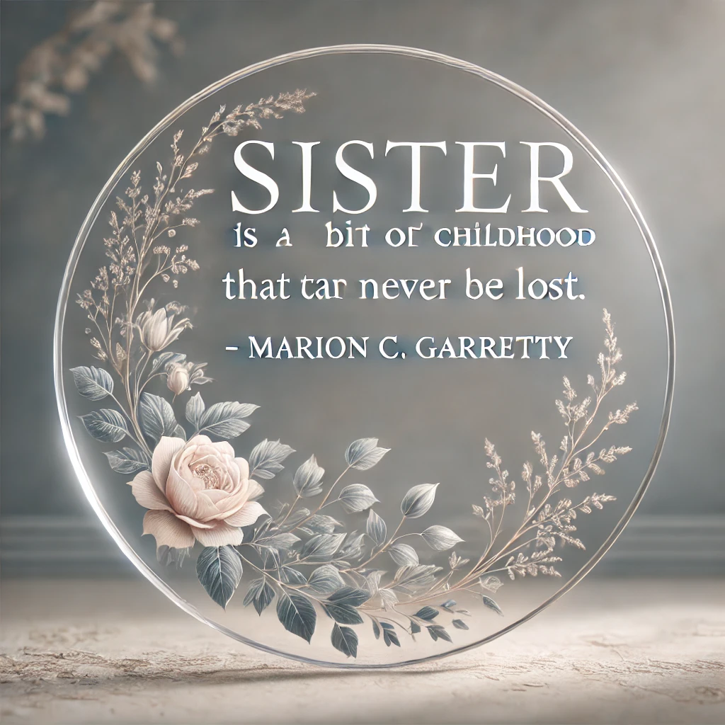 Delicate round plaque with floral decorations and the quote 'Sister is a bit of childhood that can never be lost.'