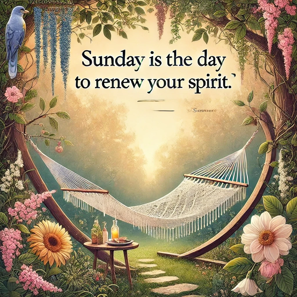 A serene garden with a hammock and flowers, with the quote 'Sunday is the day to renew your spirit.'