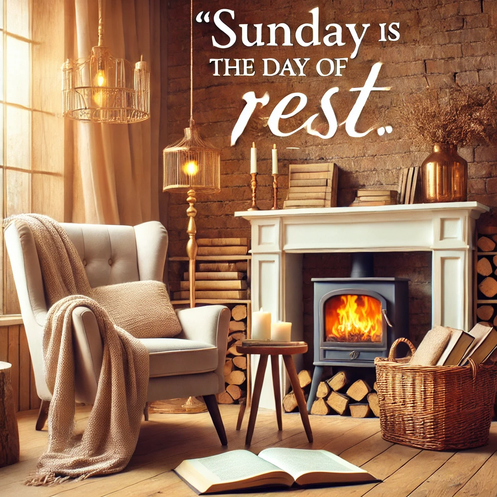 A cozy living room with a fireplace, a comfortable chair, and a book, with the quote 'Sunday is the day of rest.'