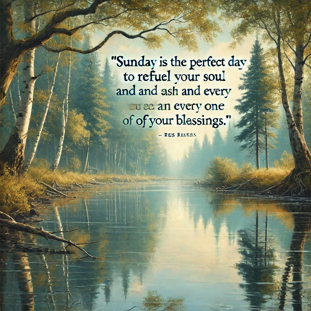 A serene river with reflections of the trees and sky, with the quote 'Sunday is the perfect day to refuel your soul and be grateful for each and every one of your blessings.'