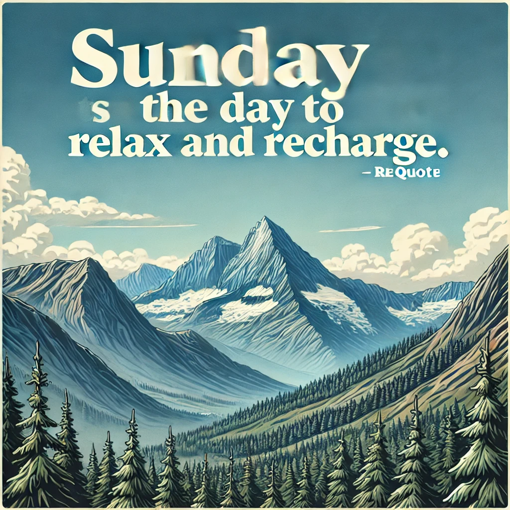 A picturesque mountain landscape with a clear blue sky, with the quote 'Sunday is the day to relax and recharge.'