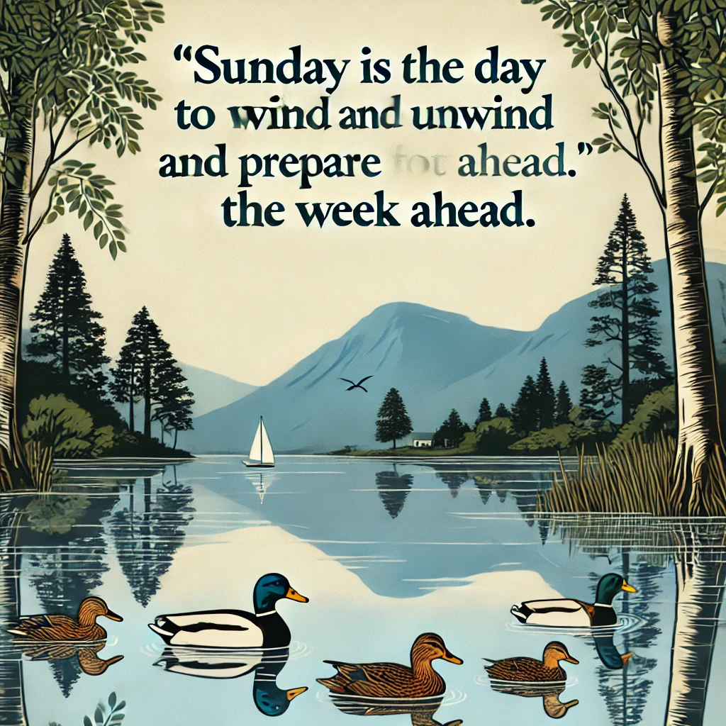 A quiet lake with ducks swimming and trees in the background, with the quote 'Sunday is the day to unwind and prepare for the week ahead.'