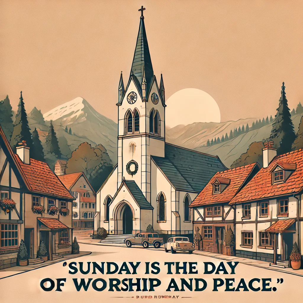 A picturesque village with a church and cobblestone streets, with the quote 'Sunday is the day of worship and peace.'