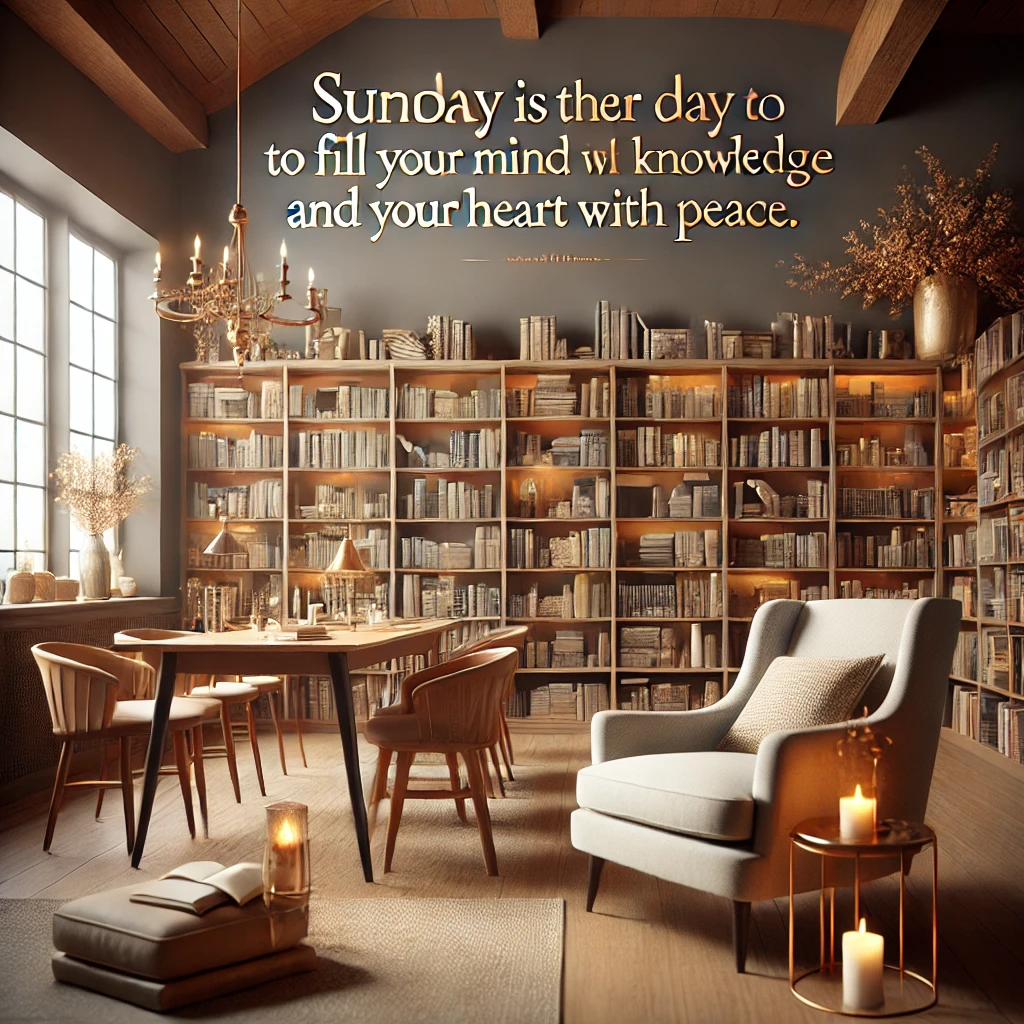 A quiet library with bookshelves and comfortable chairs, with the quote 'Sunday is the day to fill your mind with knowledge and your heart with peace.'