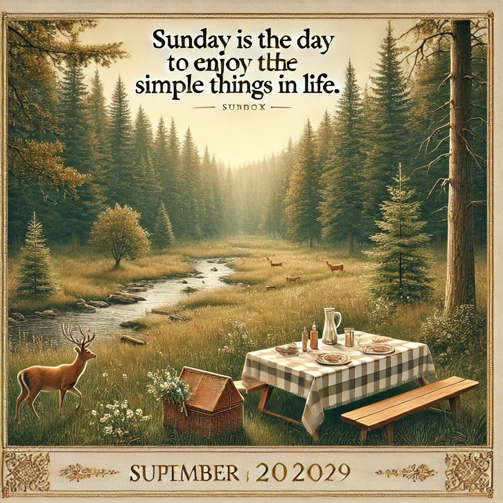 A peaceful forest clearing with a picnic setup, with the quote 'Sunday is the day to enjoy the simple things in life.'