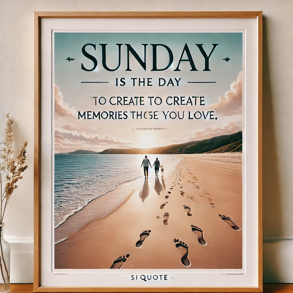 A serene beach with footprints in the sand, with the quote 'Sunday is the day to create memories with those you love.'