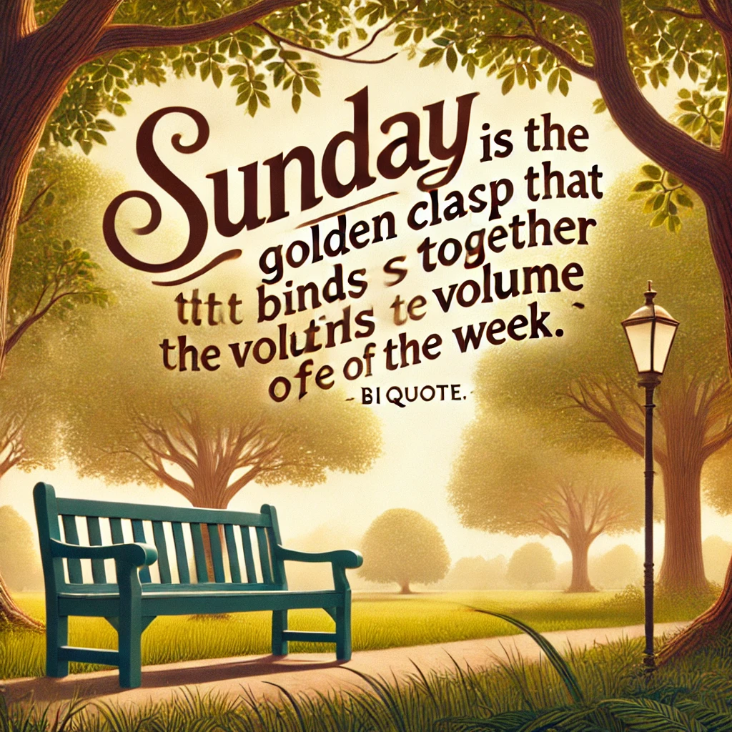 A peaceful park scene with a bench and trees, with the quote 'Sunday is the golden clasp that binds together the volume of the week.'