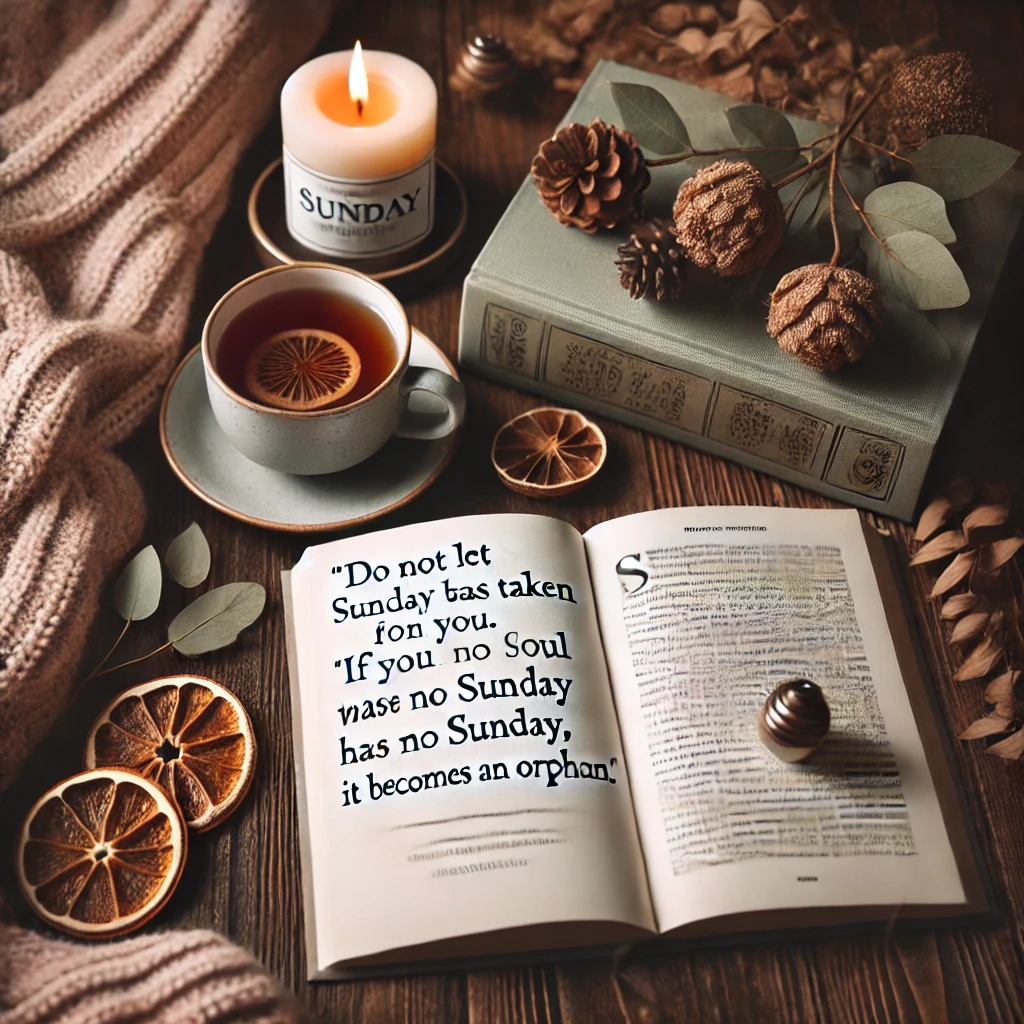 A cozy scene with a cup of tea and a book, with the quote 'Do not let Sunday be taken from you. If your soul has no Sunday, it becomes an orphan.'