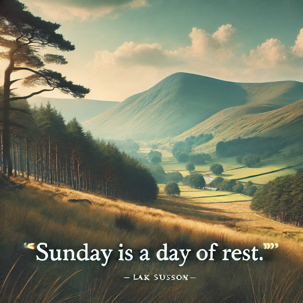 A scenic countryside view with rolling hills and a clear sky, with the quote 'Sunday is a day of rest.'