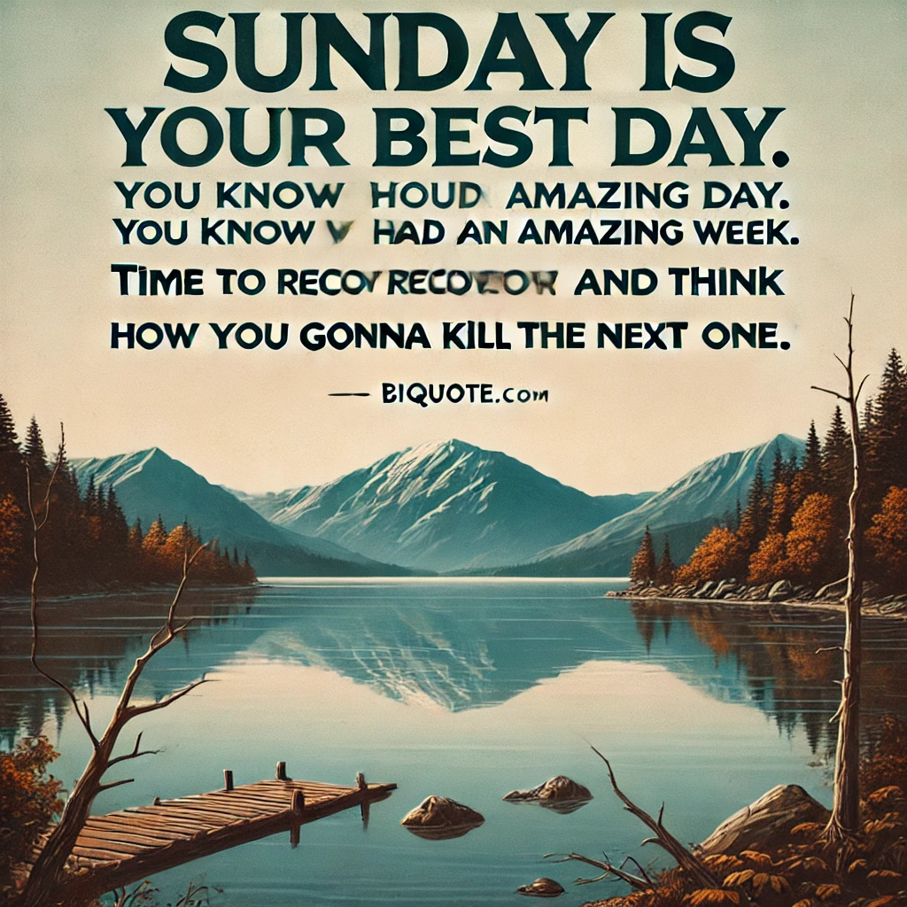 A peaceful lake with mountains in the background, with the quote 'Sunday is your best day. You know you had an amazing week. Time to recover and think how you gonna kill the next one.'