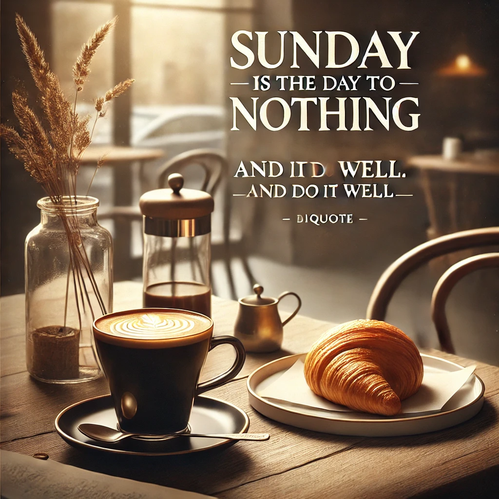 A quiet coffee shop scene with a cup of coffee and a pastry, with the quote 'Sunday is the day to do nothing and do it well.'