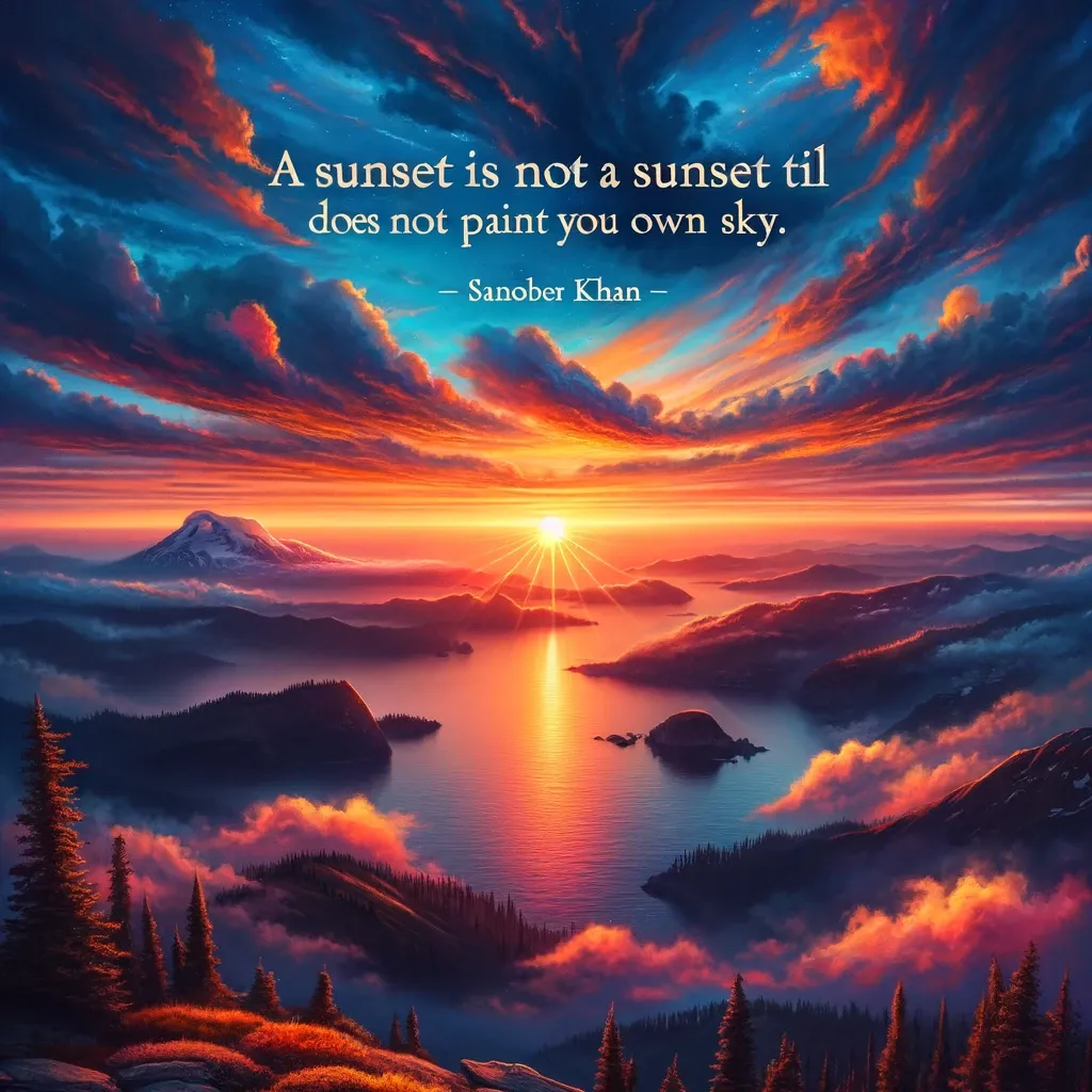 Breathtaking view of a vibrant sunset over a mountainous landscape with clouds painted in shades of orange, pink, and purple. The sun casts a warm glow across the serene lake below, illuminating nearby islands and pine trees on the shoreline.