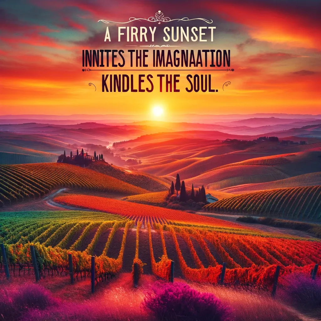 A picturesque sunset over rolling vineyard hills, with the sky ablaze in shades of orange and red, symbolizing inspiration and the awakening of the soul.