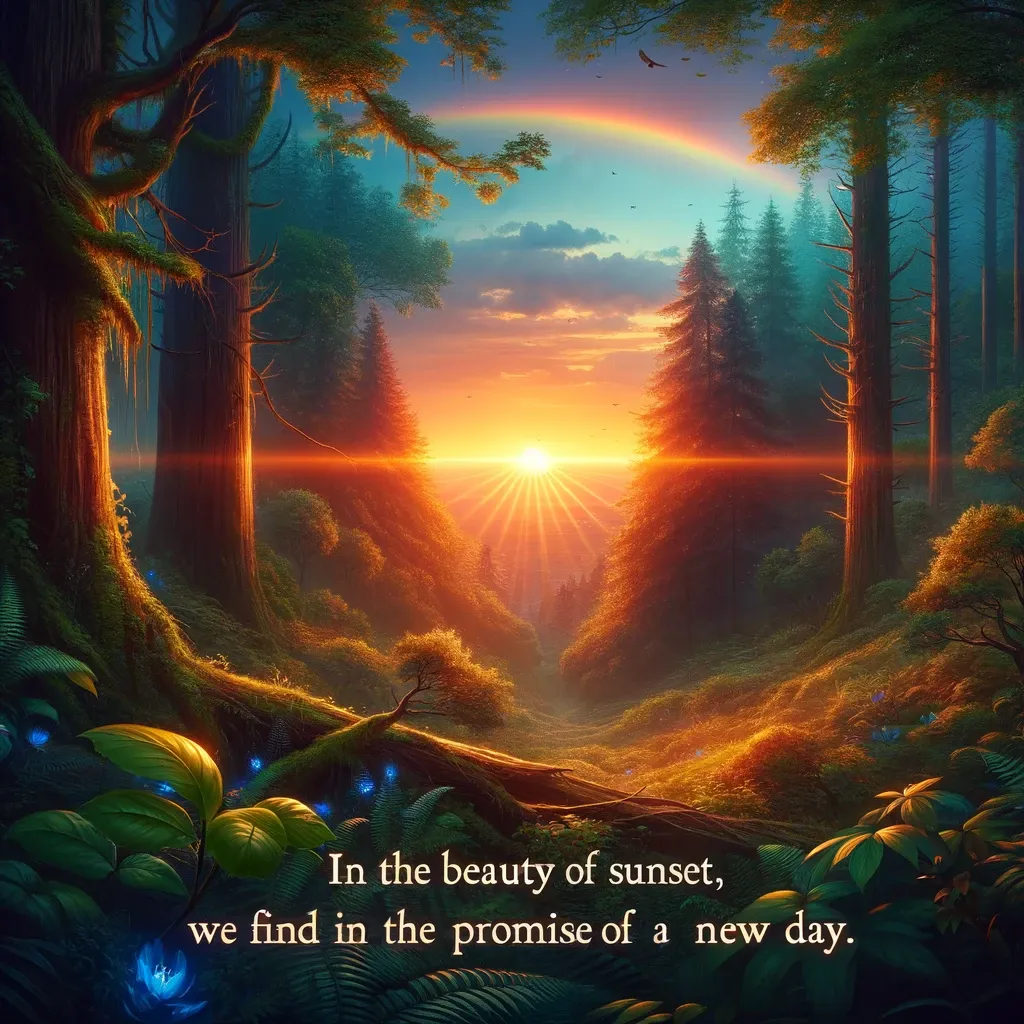 Sunset peering through a lush forest, with rays of light piercing the foliage and a rainbow arching in the misty sky, symbolizing hope and renewal.