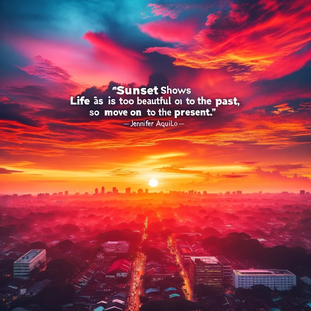 A dramatic urban sunset with fiery clouds above the city skyline, symbolizing the quote's message of life's beauty and the importance of living in the moment.