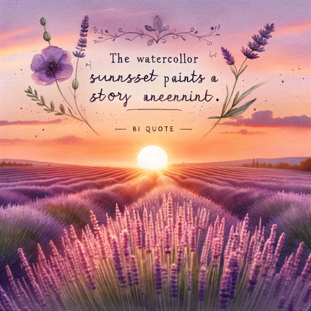 Artistic watercolor painting of a sunset over a lavender field, with gentle hues of purple and pink blending into the sky, accompanied by floral illustrations.