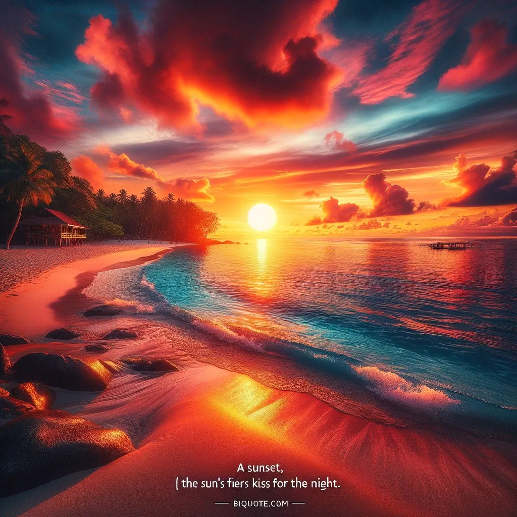 The sun setting over a tranquil tropical beach, the sky ablaze with vibrant red and orange clouds, reflecting on the gentle waves, with a thatched hut and lush palms completing the idyllic scene.