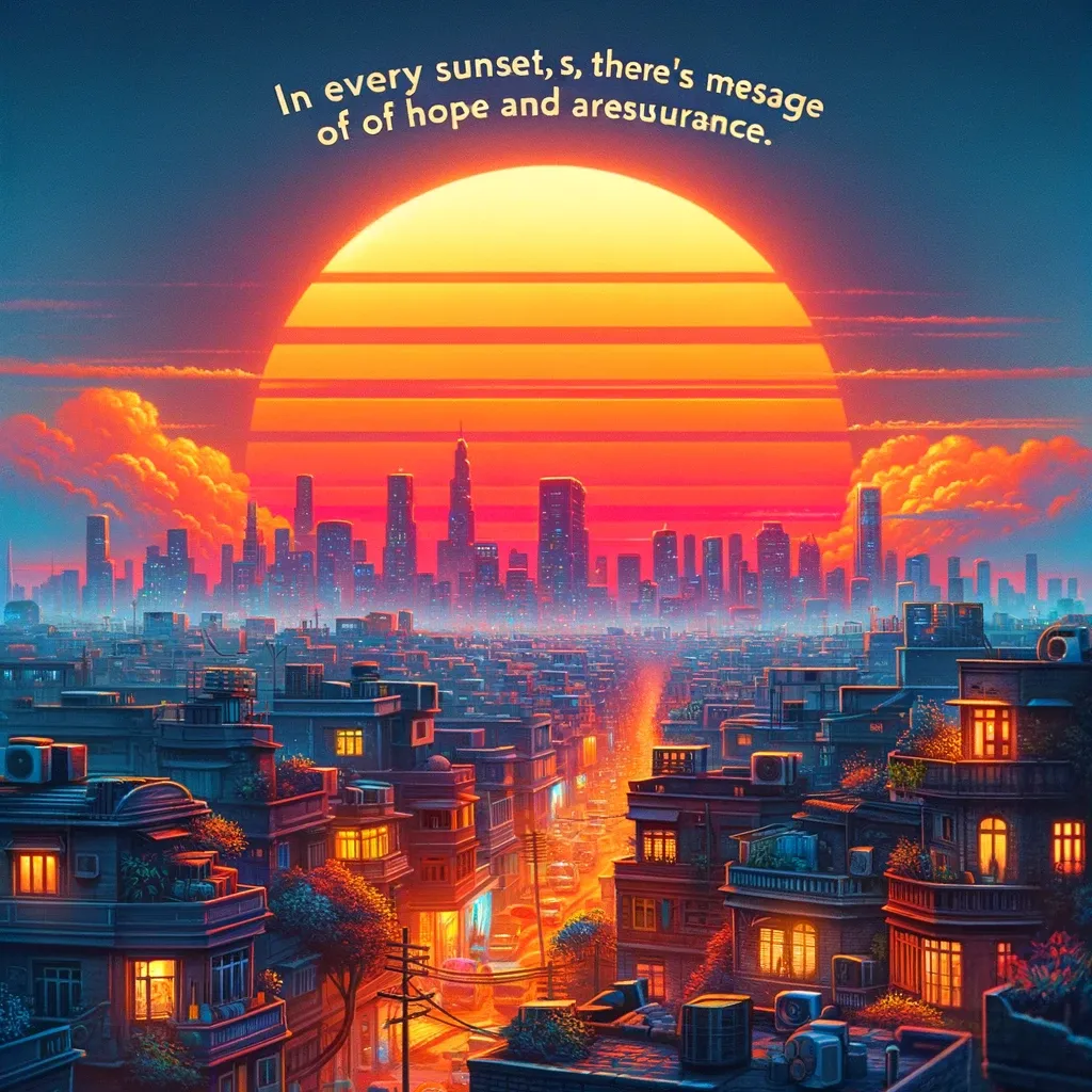 A stylized illustration of a sunset over a bustling cityscape, with buildings bathed in the radiant glow of the sun's descent, conveying a message of hope and assurance.