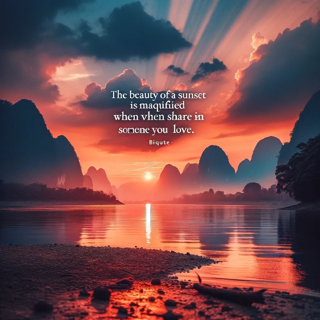 A serene sunset over a river, flanked by towering karst mountains, with rays of light piercing the clouds, enhancing the moment's beauty as it's shared with a loved one.