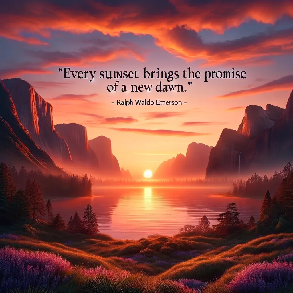Majestic sunset behind a mountain range reflecting on a calm lake, surrounded by richly colored flora, with Ralph Waldo Emerson's quote on the promise of a new dawn.