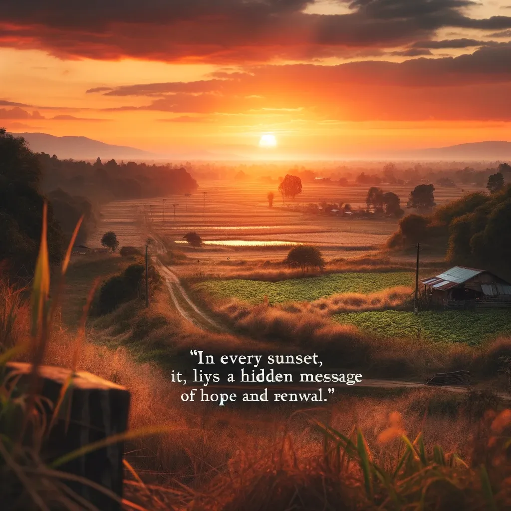 Rural landscape at sunset, with the sun's glow gently blanketing the fields, a dirt road leading towards a rustic farmhouse, embodying the quiet hope and renewal each evening brings.