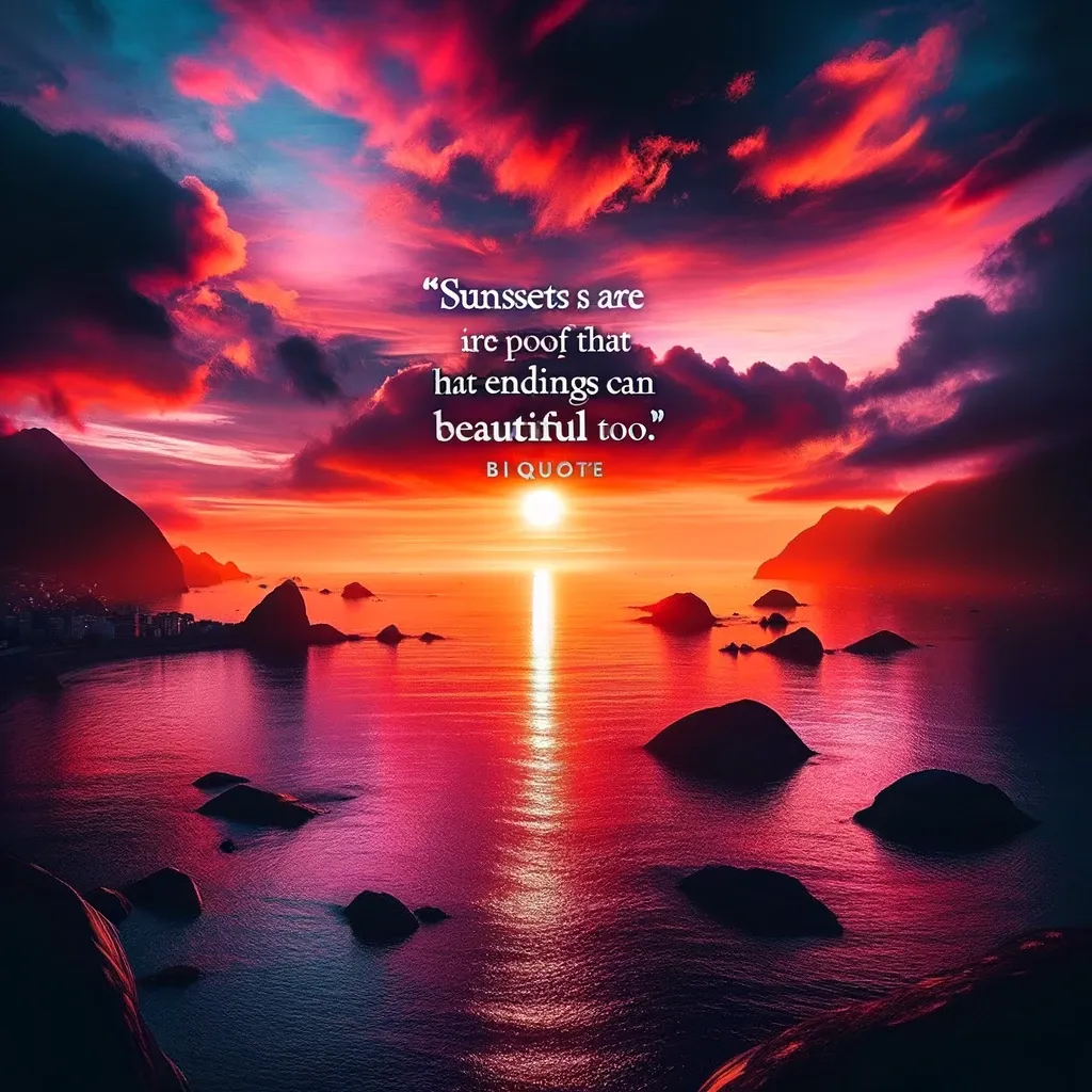 Dramatic sunset with fiery red and pink clouds over a bay, reflecting the sun's path and silhouetting mountains in the distance, paired with a quote about the beauty of endings.